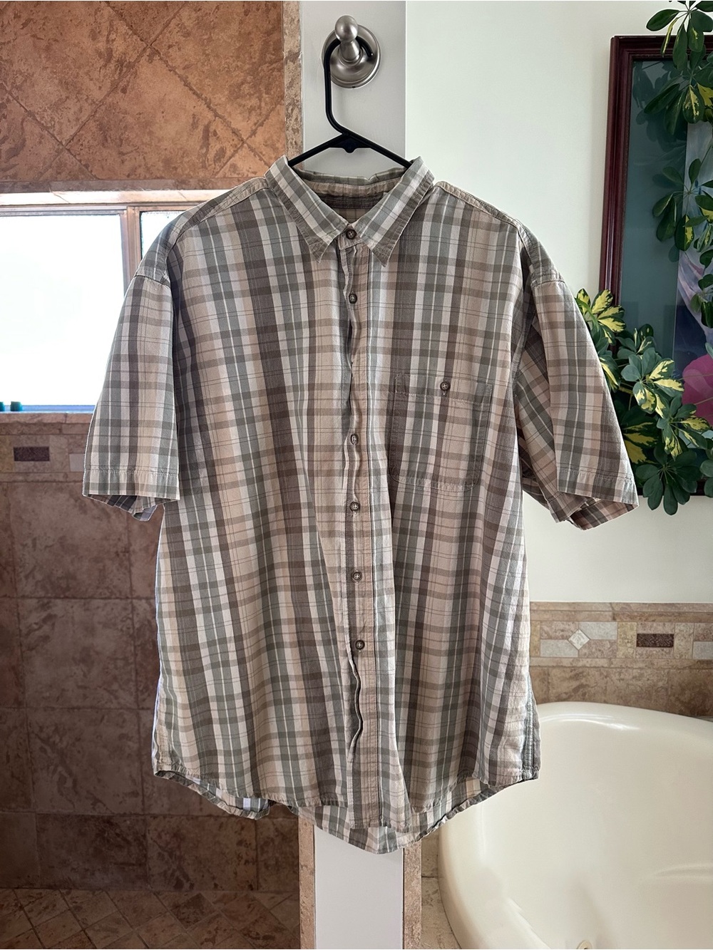 Fieldmaster Men's Short-Sleeve Green & Tan Plaid Button-Down Shirt -Size XL